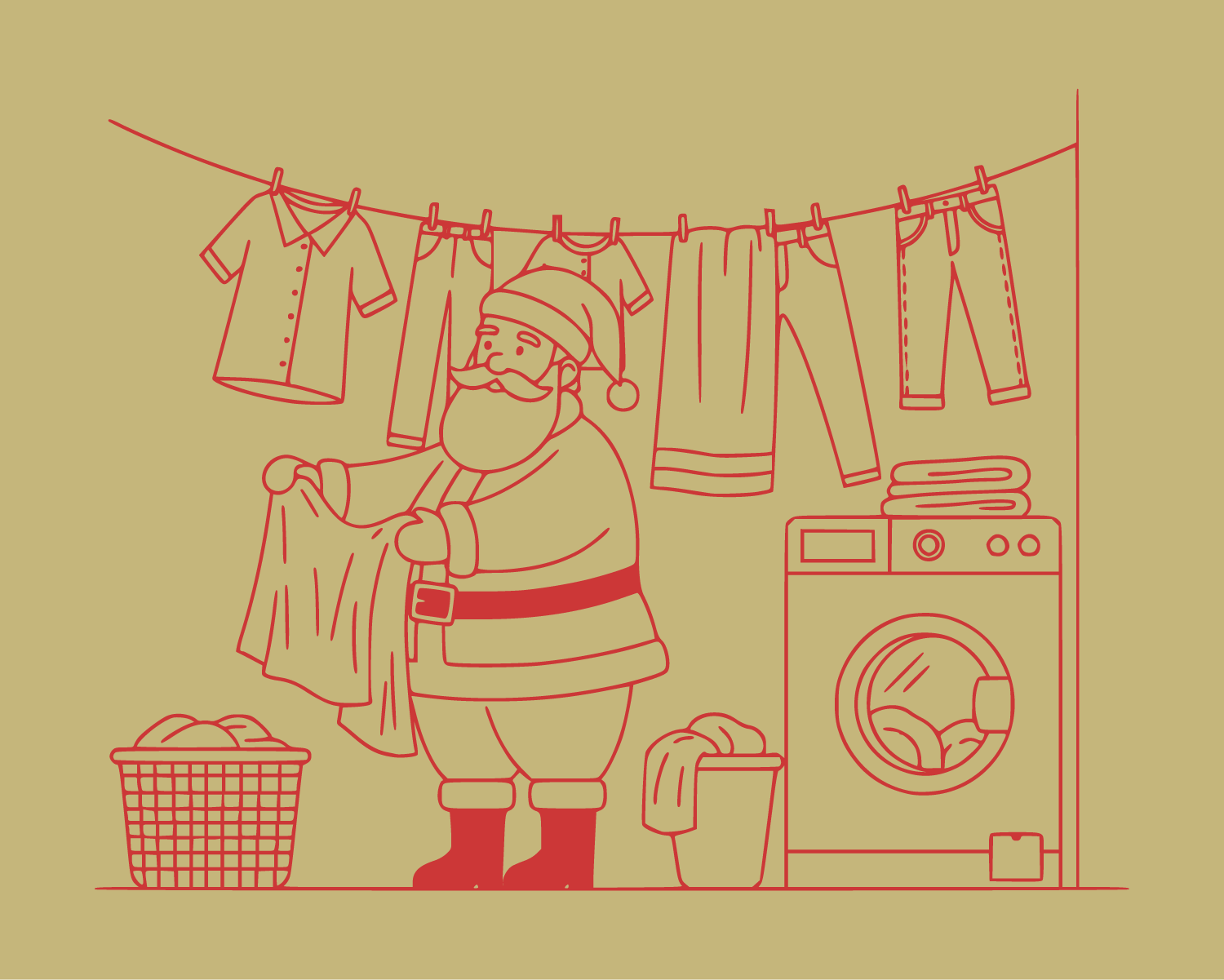 Line art depicting Santa Claus doing laundry and hanging it on a clothesline.