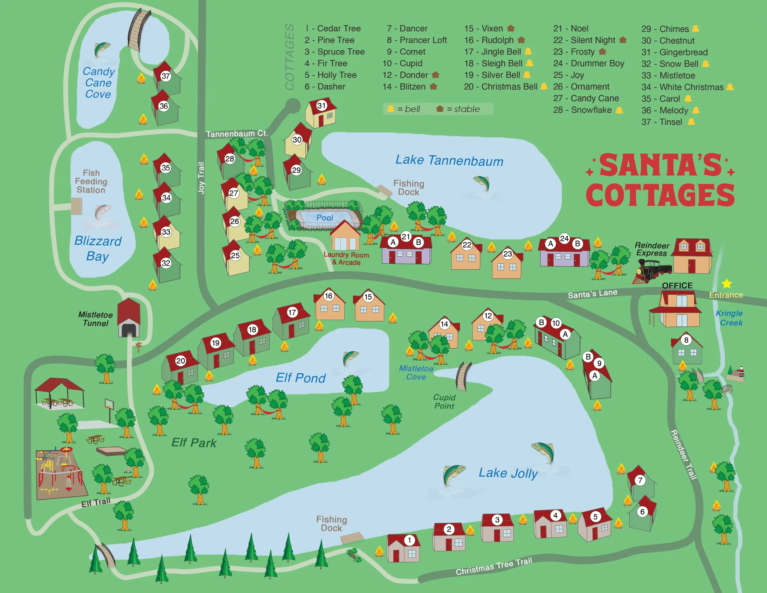 Illustrated map of cabins, amenities, and more at Santa's Cottages.