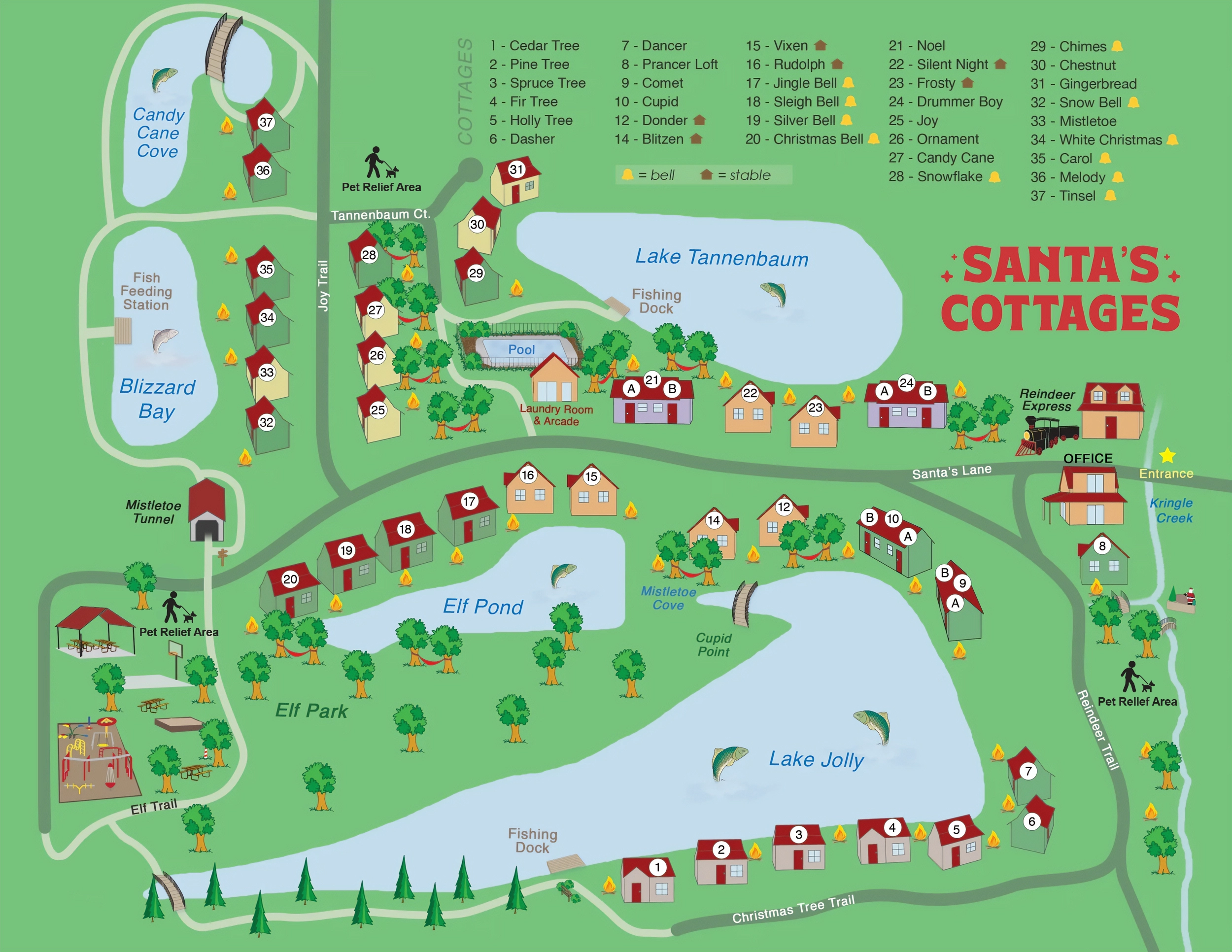 Illustrated map of cabins, amenities, and more at Santa's Cottages: A Holiday World Resort.